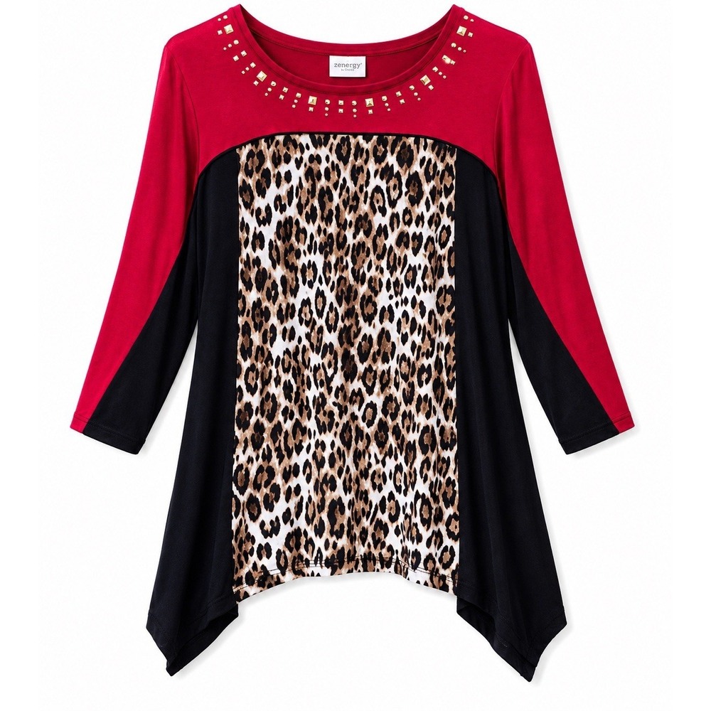 Zenergy by Chicos Red Black Leopard Studded Tunic Blouse 3/4 Sleeve Size 2 L